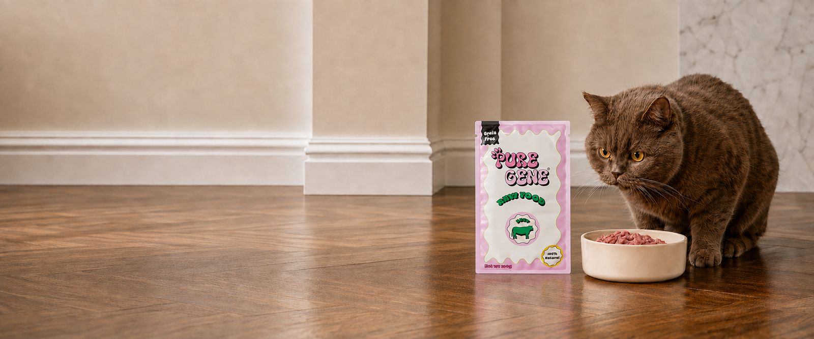 Cat eating raw food next to a PureGene package