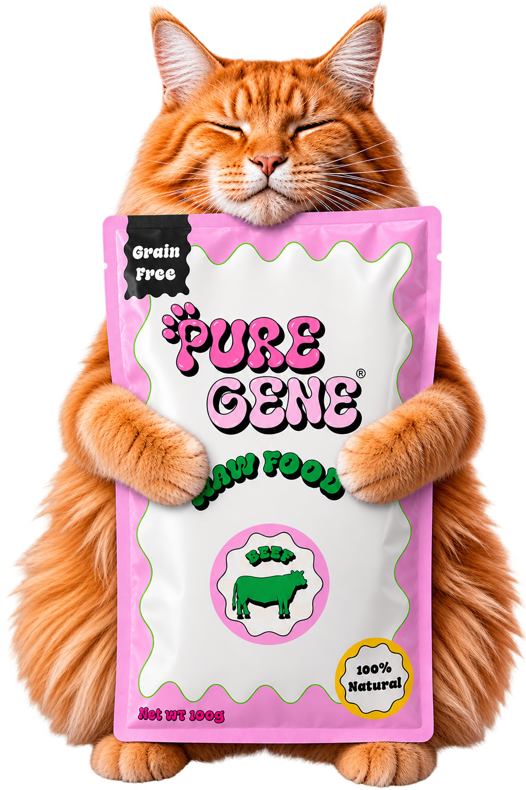 Cat holding a PureGene raw food package
